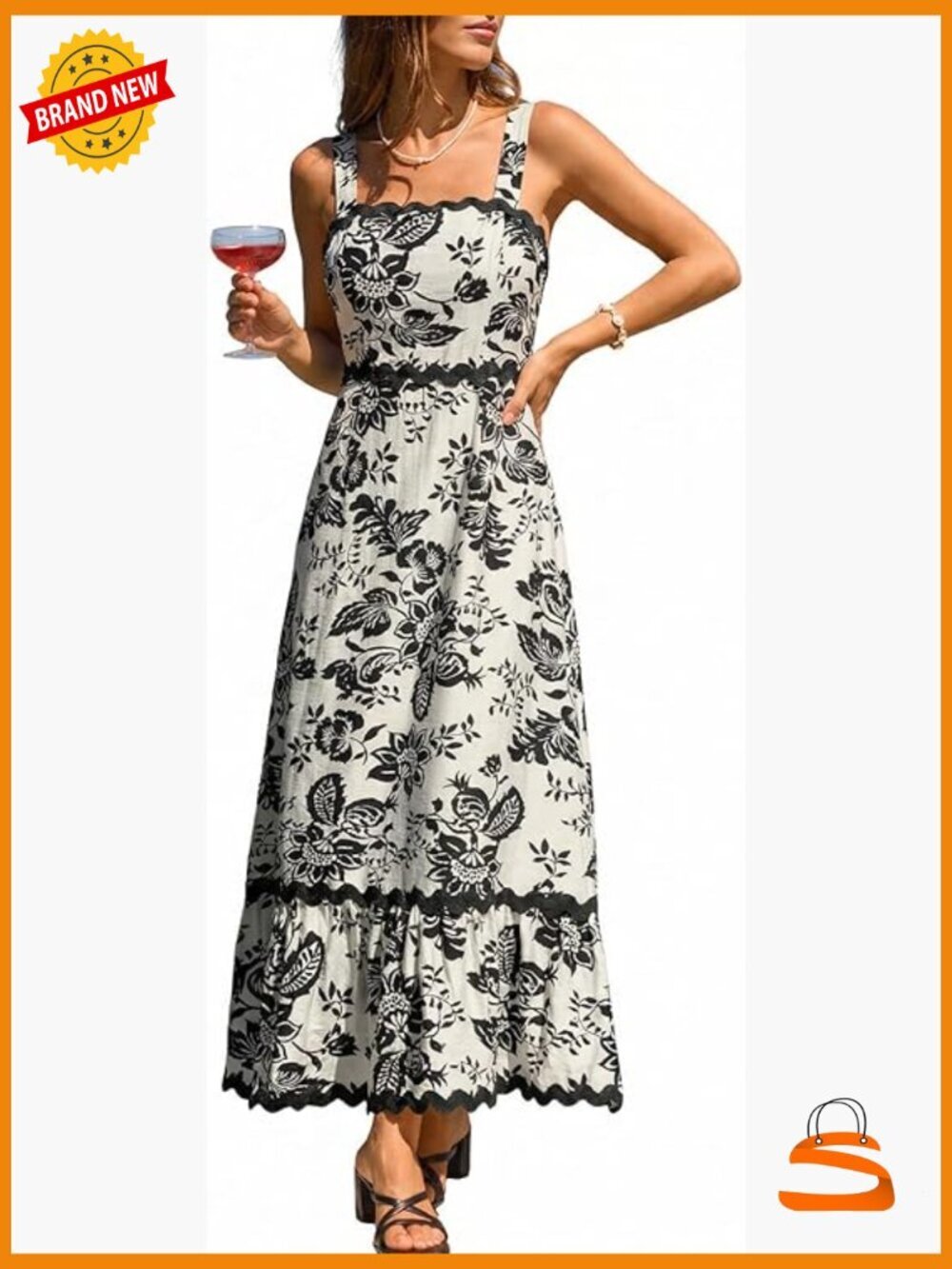 Sleeveless Square Neck Scallop Trim Flowy A-Line Boho Maxi Dress